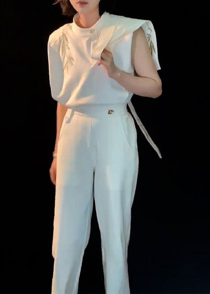 Chinese Style White O-neck Embroidered Top and Straight Pants Two Piece Set Summer Tt1014