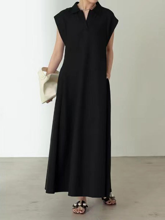Loose Raglan Sleeve Pleated Color Lapel Maxi Dresses