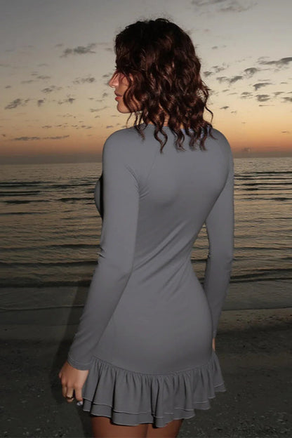 Deep V Long Sleeve Ruffled Slim Bodycon Mini Dress