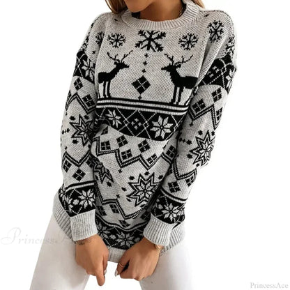 Deer Print Loose Long Sleeve O Neck Warm Jacquard Knitwear Christmas Sweater