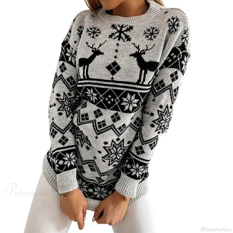 Deer Print Loose Long Sleeve O Neck Warm Jacquard Knitwear Christmas Sweater