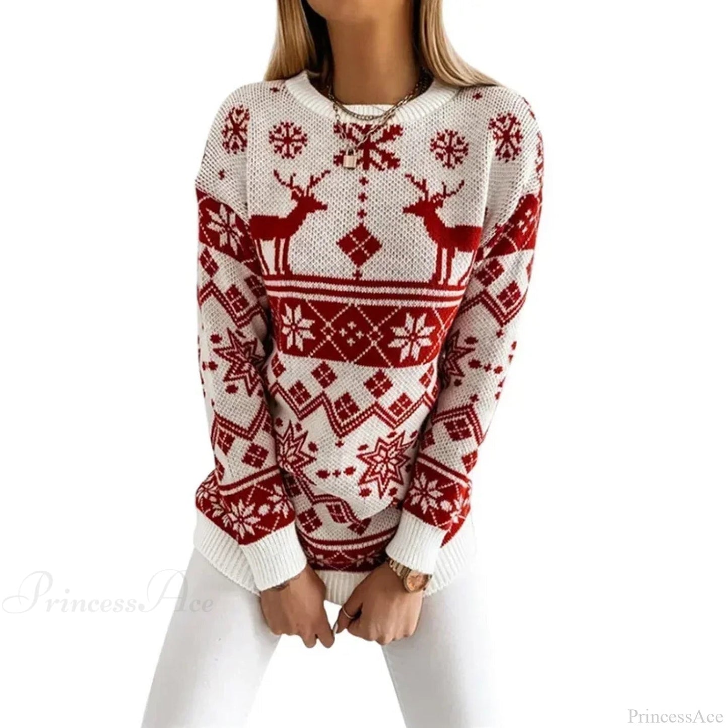 Deer Print Loose Long Sleeve O Neck Warm Jacquard Knitwear Christmas Sweater