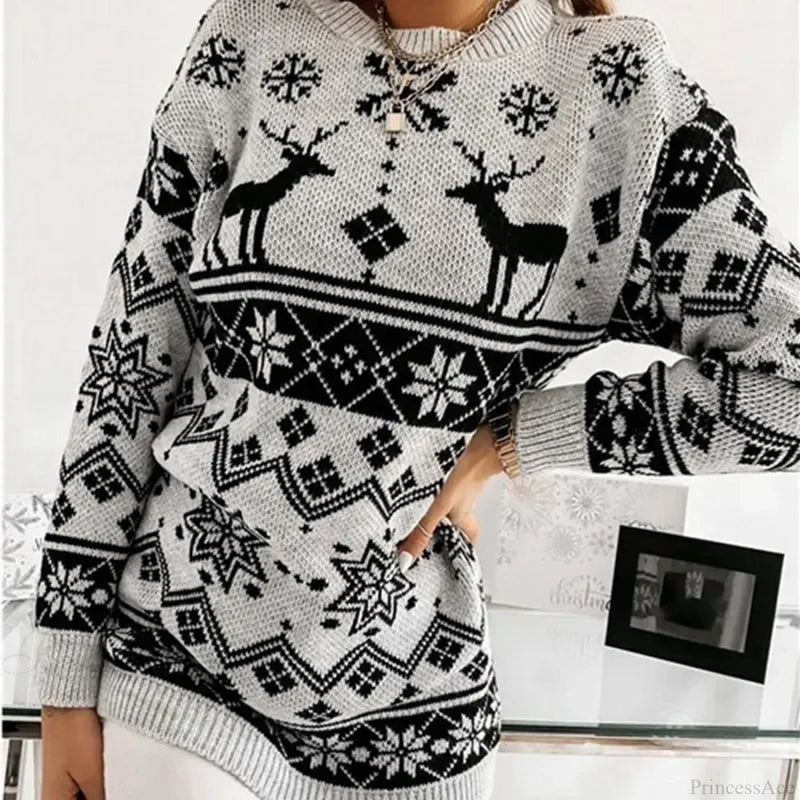 Deer Print Loose Long Sleeve O Neck Warm Jacquard Knitwear Christmas Sweater