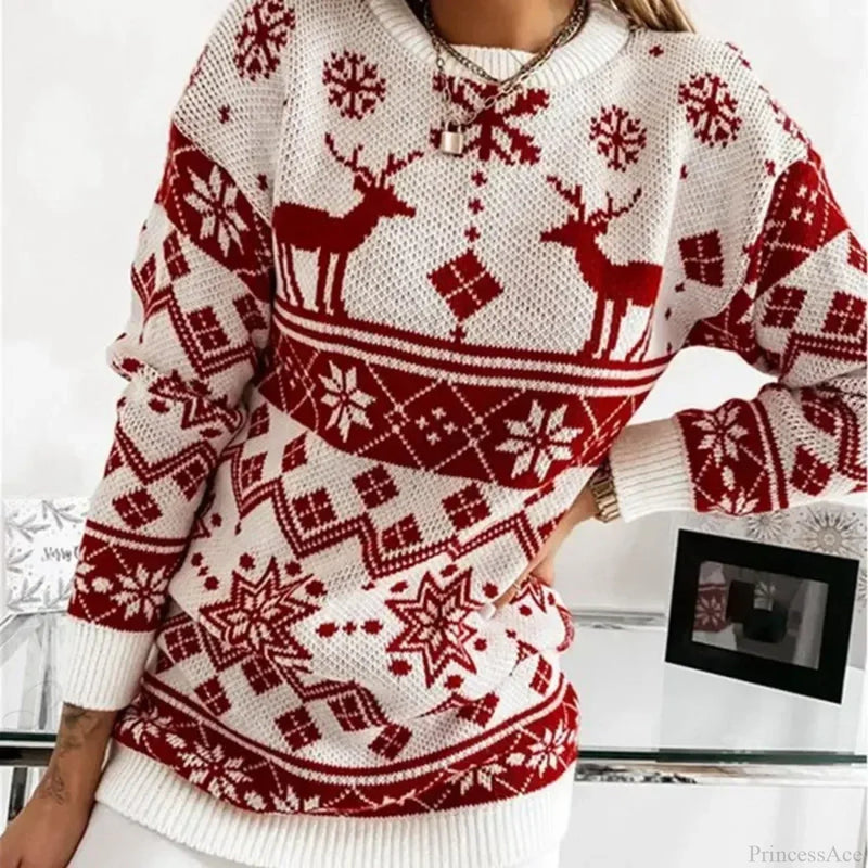 Deer Print Loose Long Sleeve O Neck Warm Jacquard Knitwear Christmas Sweater