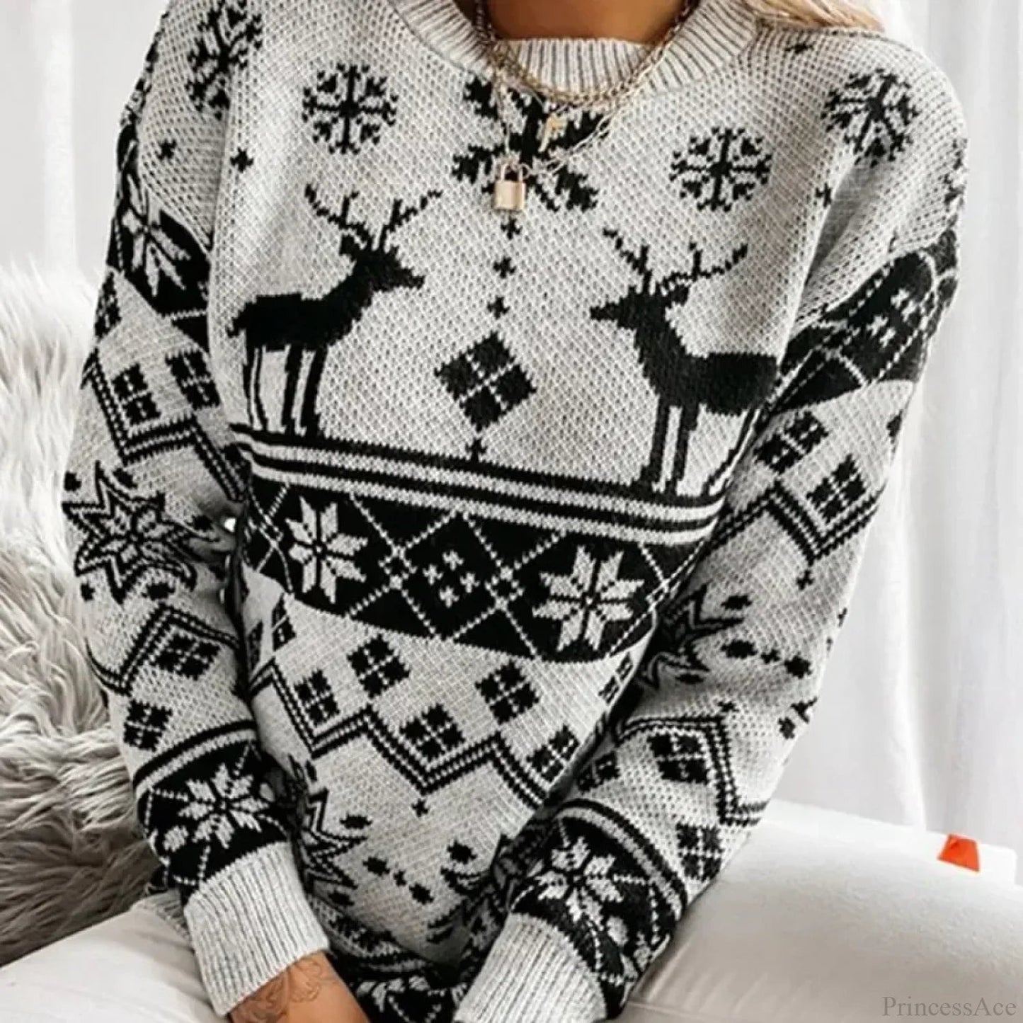 Deer Print Loose Long Sleeve O Neck Warm Jacquard Knitwear Christmas Sweater