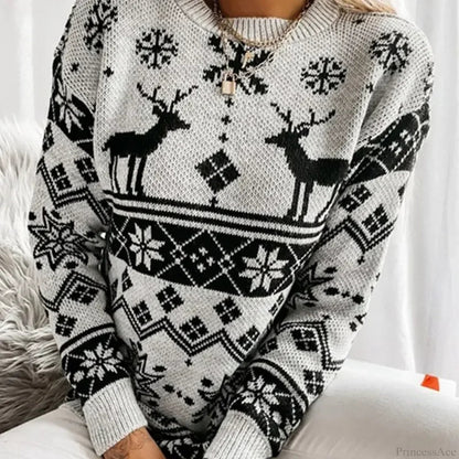 Deer Print Loose Long Sleeve O Neck Warm Jacquard Knitwear Christmas Sweater