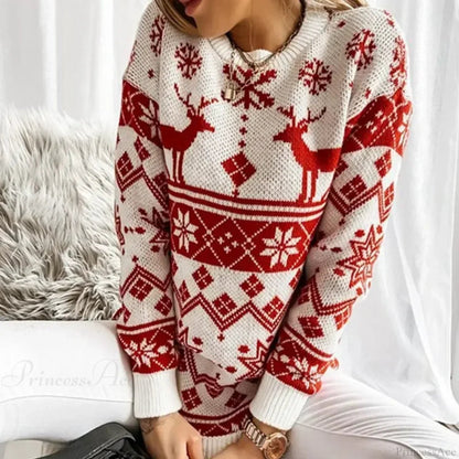 Deer Print Loose Long Sleeve O Neck Warm Jacquard Knitwear Christmas Sweater