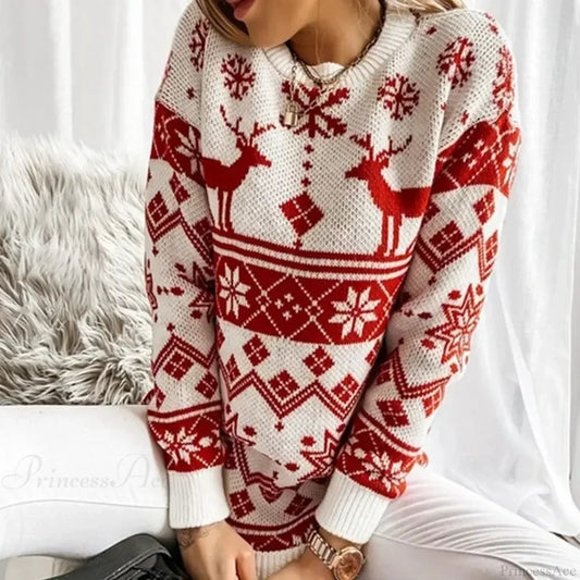 Deer Print Loose Long Sleeve O Neck Warm Jacquard Knitwear Christmas Sweater