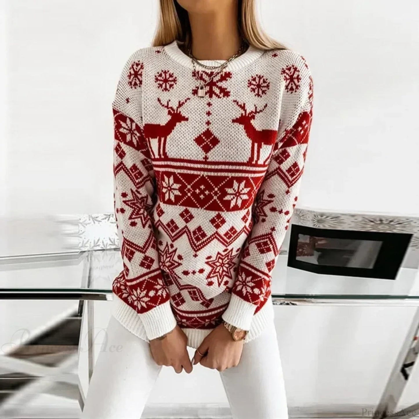 Deer Print Loose Long Sleeve O Neck Warm Jacquard Knitwear Christmas Sweater