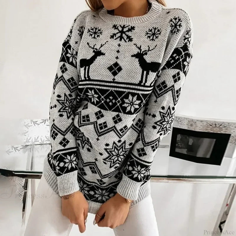 Deer Print Loose Long Sleeve O Neck Warm Jacquard Knitwear Christmas Sweater