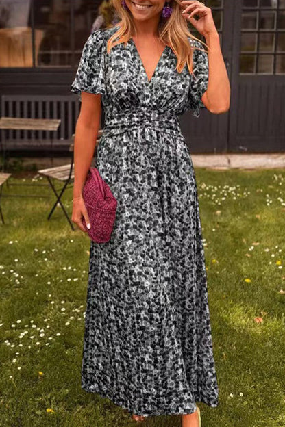 Print V-neck Short Sleeve Waist Maxi Dress