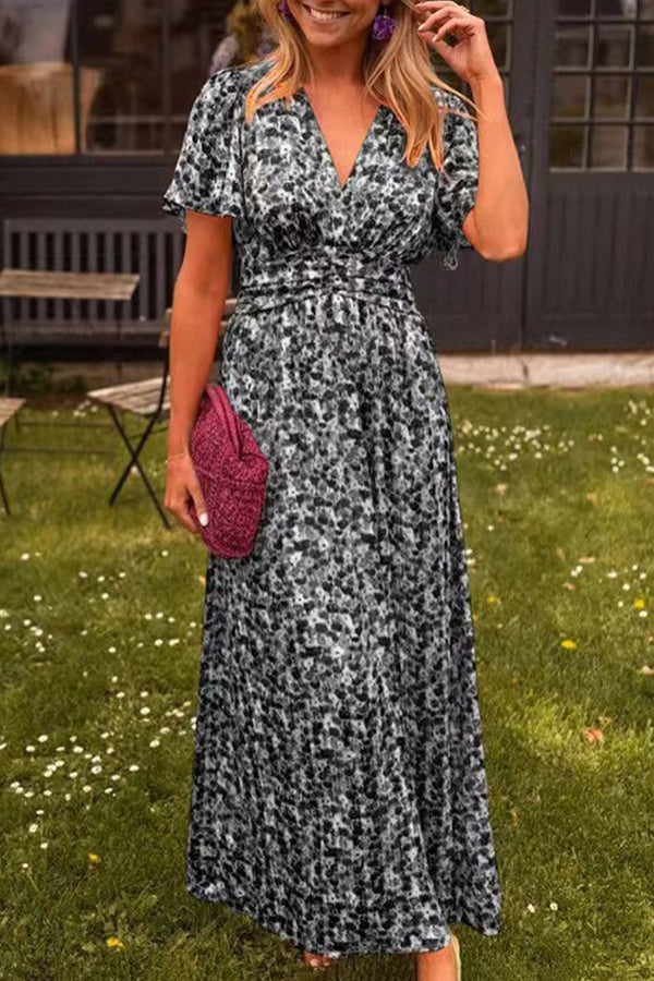 Print V-neck Short Sleeve Waist Maxi Dress