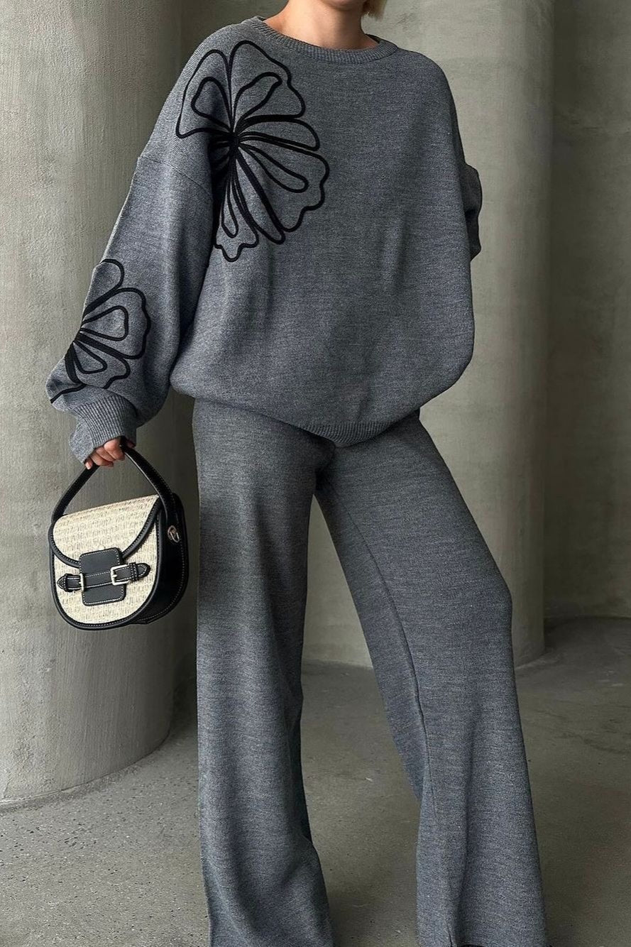 Round Neck Knit Sweater With Pants Two Piece Set