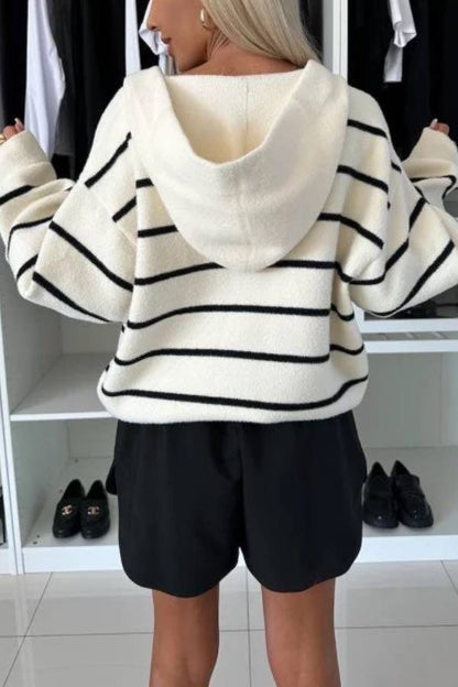 And Comfort Knit Striped Button Up Pocketed Loose Hooded Cardigan
