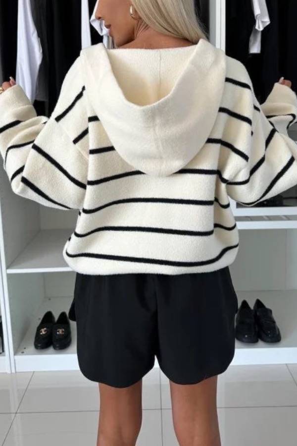 And Comfort Knit Striped Button Up Pocketed Loose Hooded Cardigan