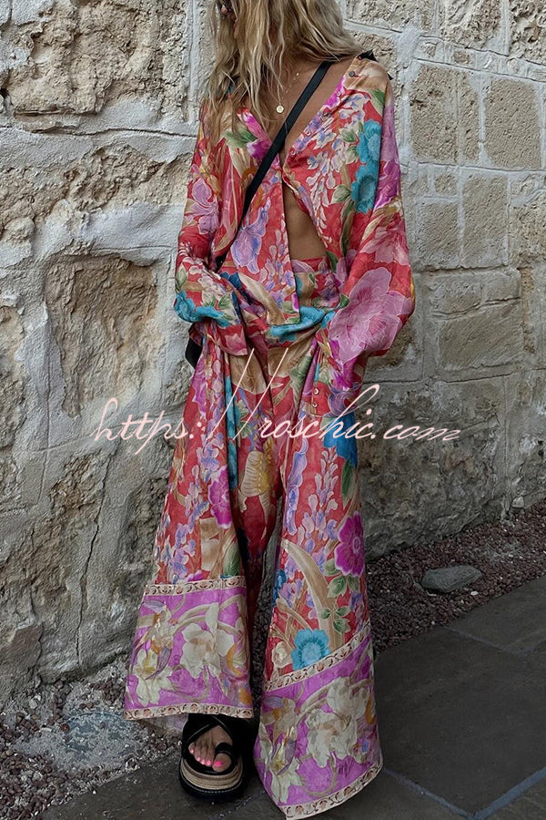 Painter's Garden Print Elastic Waist Pocketed Wide Leg Pants