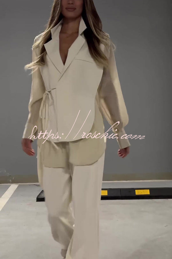 And Chiffon Patchwork Irregular Lace-up Jacket and Pocketed Straight-leg Pants Set