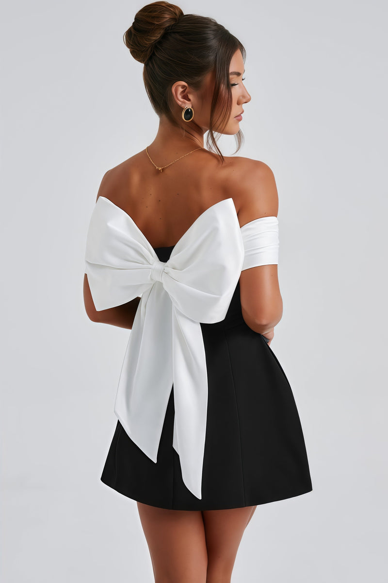 Deltly Black Bow Cross Asymmetrical Mini Dress
