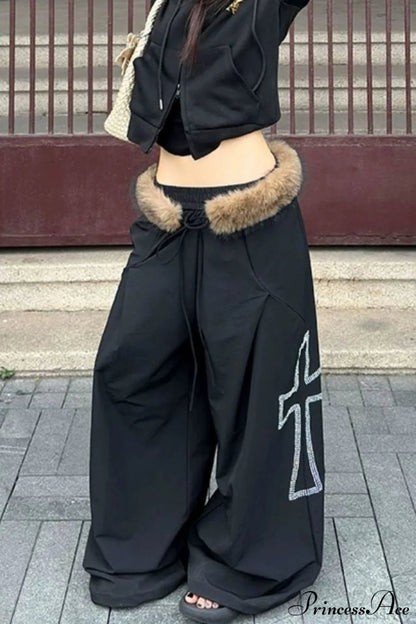 Detachable Fur-collar Loose Wide-leg Pants