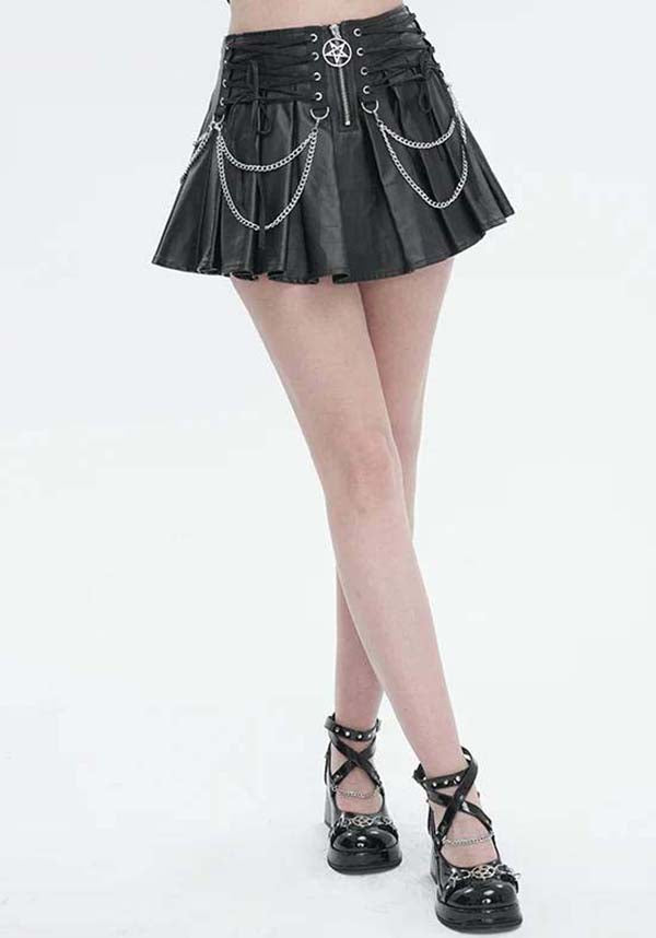 Devil Gothic Punk Pleated Mini Skirt - Black Faux Leather With Corset Lacing, Zipper Front, and Chain Accents