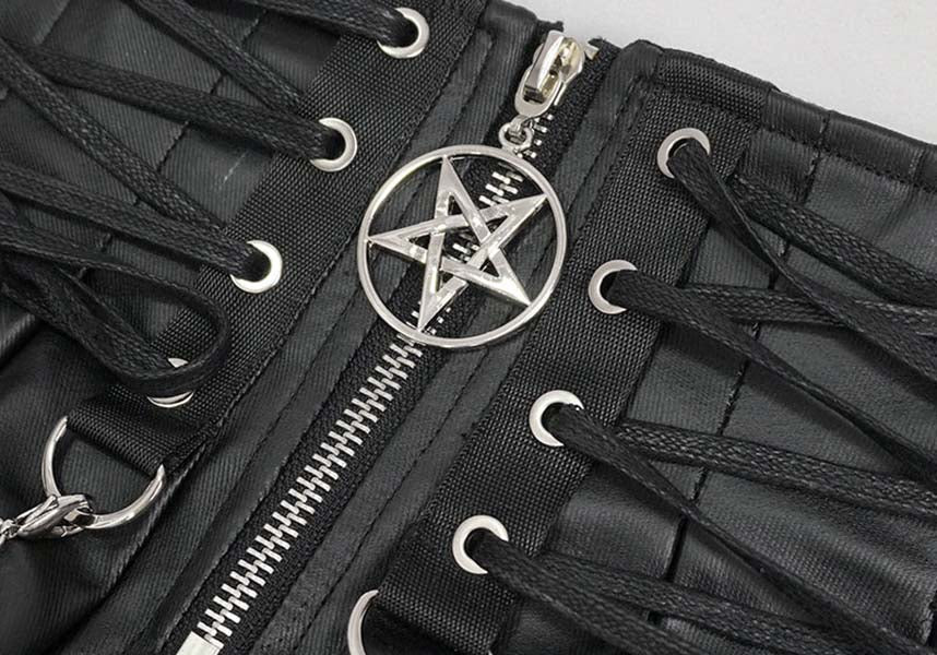 Devil Gothic Punk Pleated Mini Skirt - Black Faux Leather With Corset Lacing, Zipper Front, and Chain Accents