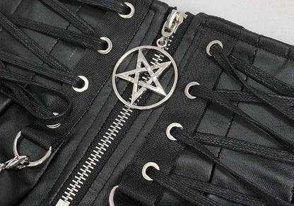 Devil Gothic Punk Pleated Mini Skirt - Black Faux Leather With Corset Lacing, Zipper Front, and Chain Accents