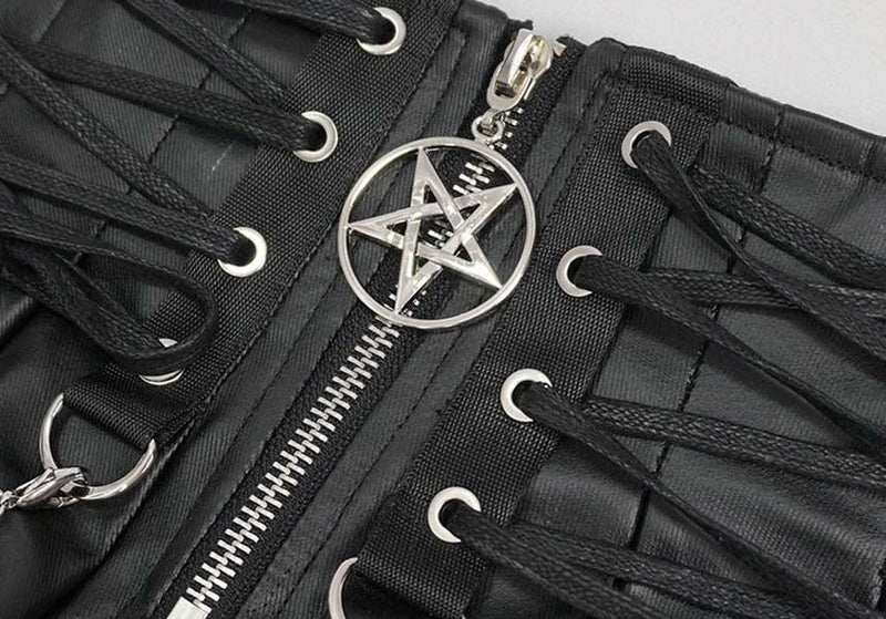 Devil Gothic Punk Pleated Mini Skirt - Black Faux Leather With Corset Lacing, Zipper Front, and Chain Accents