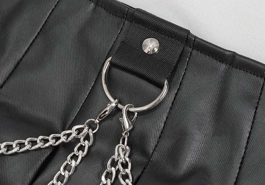 Devil Gothic Punk Pleated Mini Skirt - Black Faux Leather With Corset Lacing, Zipper Front, and Chain Accents