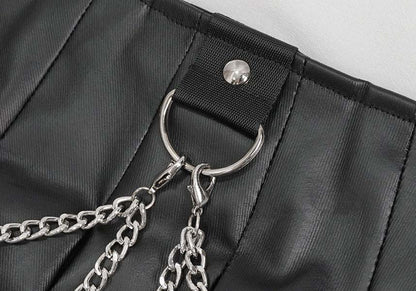 Devil Gothic Punk Pleated Mini Skirt - Black Faux Leather With Corset Lacing, Zipper Front, and Chain Accents