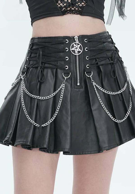 Devil Gothic Punk Pleated Mini Skirt - Black Faux Leather With Corset Lacing, Zipper Front, and Chain Accents