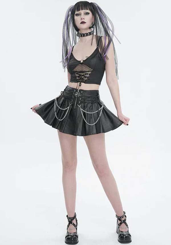 Devil Gothic Punk Pleated Mini Skirt - Black Faux Leather With Corset Lacing, Zipper Front, and Chain Accents