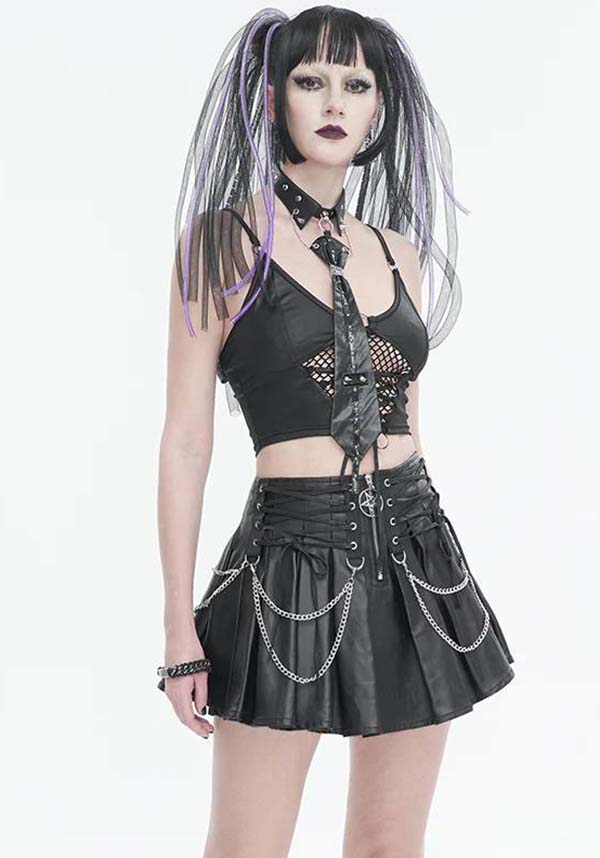 Devil Gothic Punk Pleated Mini Skirt - Black Faux Leather With Corset Lacing, Zipper Front, and Chain Accents