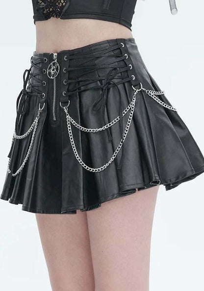 Devil Gothic Punk Pleated Mini Skirt - Black Faux Leather With Corset Lacing, Zipper Front, and Chain Accents