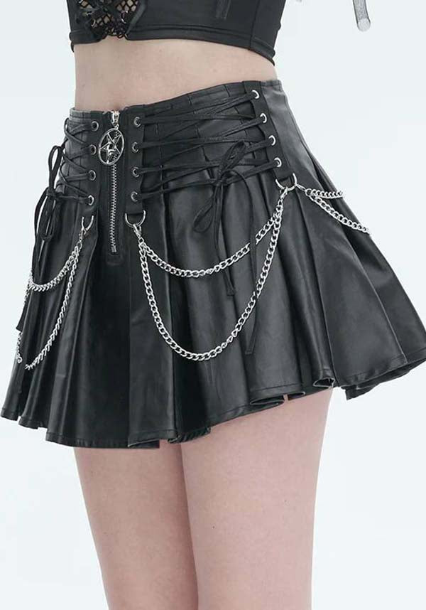 Devil Gothic Punk Pleated Mini Skirt - Black Faux Leather With Corset Lacing, Zipper Front, and Chain Accents