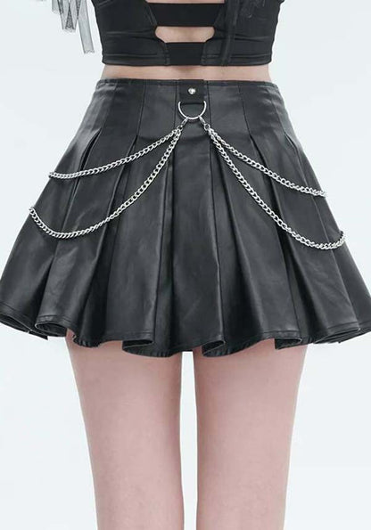 Devil Gothic Punk Pleated Mini Skirt - Black Faux Leather With Corset Lacing, Zipper Front, and Chain Accents