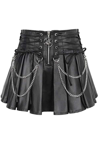 Devil Gothic Punk Pleated Mini Skirt - Black Faux Leather With Corset Lacing, Zipper Front, and Chain Accents