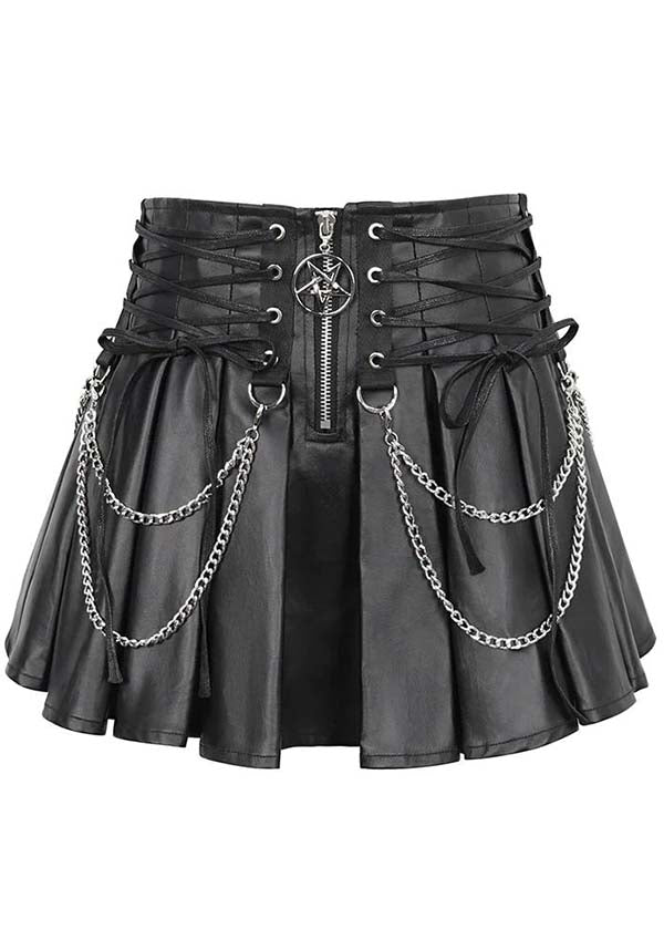 Devil Gothic Punk Pleated Mini Skirt - Black Faux Leather With Corset Lacing, Zipper Front, and Chain Accents