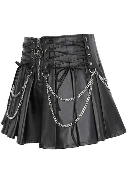 Devil Gothic Punk Pleated Mini Skirt - Black Faux Leather With Corset Lacing, Zipper Front, and Chain Accents