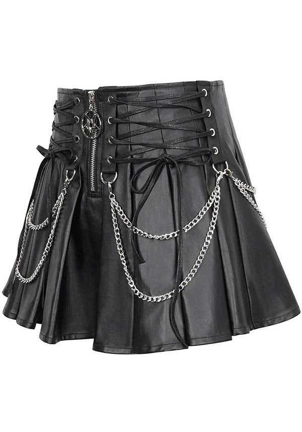 Devil Gothic Punk Pleated Mini Skirt - Black Faux Leather With Corset Lacing, Zipper Front, and Chain Accents