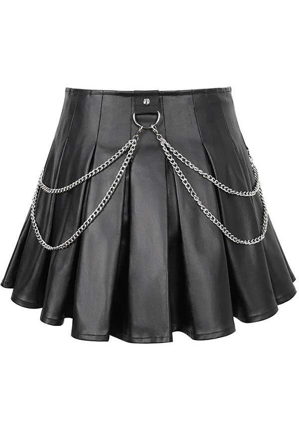 Devil Gothic Punk Pleated Mini Skirt - Black Faux Leather With Corset Lacing, Zipper Front, and Chain Accents