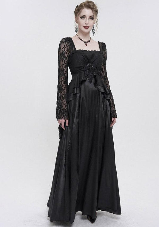 Devil Gothic Victorian Lace Sleeve Maxi Dress - Black With Empire Waist and Beaded Detail