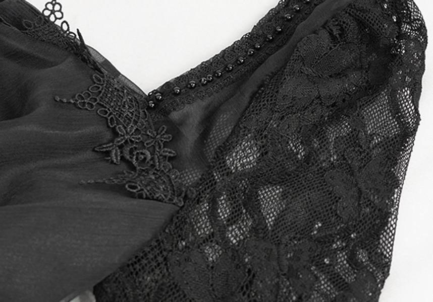 Devil Gothic Victorian Lace Sleeve Maxi Dress - Black With Empire Waist and Beaded Detail
