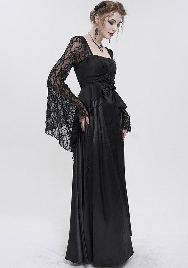 Devil Gothic Victorian Lace Sleeve Maxi Dress - Black With Empire Waist and Beaded Detail