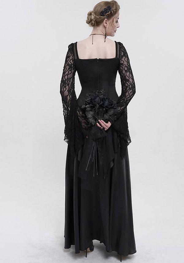 Devil Gothic Victorian Lace Sleeve Maxi Dress - Black With Empire Waist and Beaded Detail