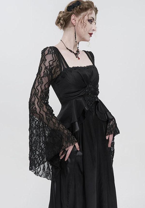 Devil Gothic Victorian Lace Sleeve Maxi Dress - Black With Empire Waist and Beaded Detail