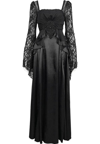 Devil Gothic Victorian Lace Sleeve Maxi Dress - Black With Empire Waist and Beaded Detail