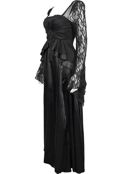 Devil Gothic Victorian Lace Sleeve Maxi Dress - Black With Empire Waist and Beaded Detail
