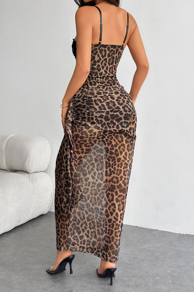 Leopard Print Lace Bodycon Maxi Dress
