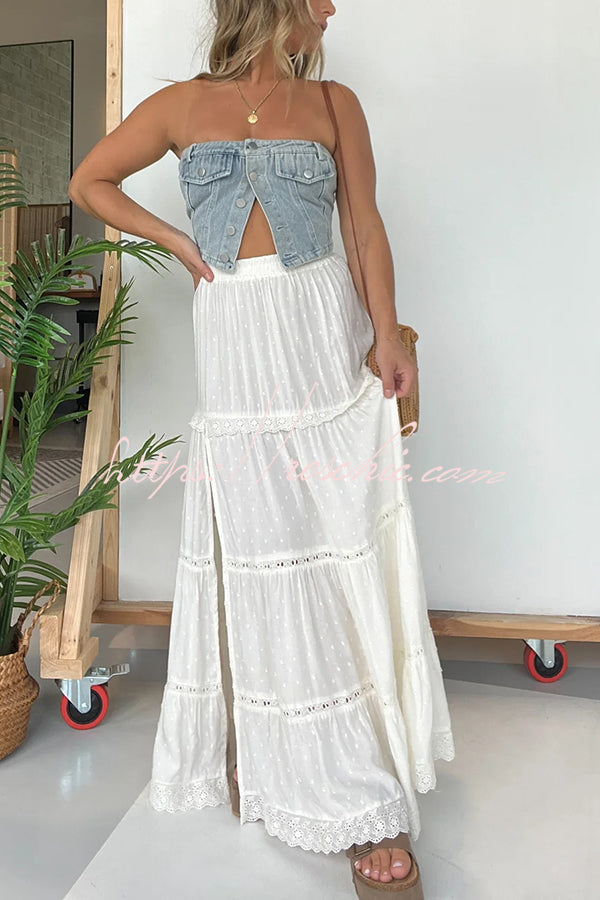 Lace Splicing Elastic Waist Loose High Slit Maxi Skirt