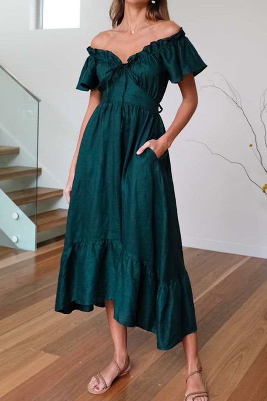 Ruffled Edge Off Shoulder Midi Dress